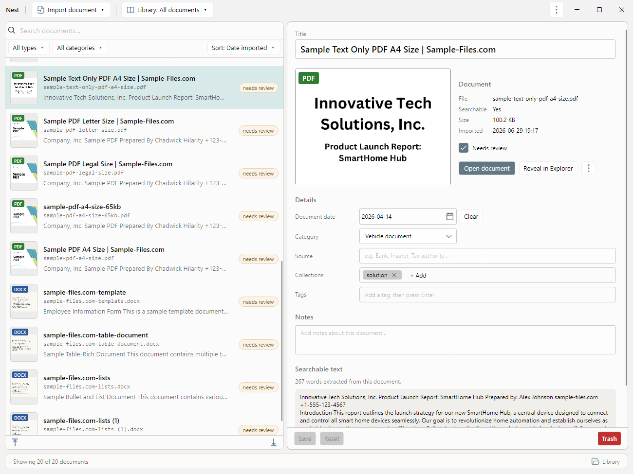 The Nest app on Windows — a local document library with search, type and category filters, the list of imported documents, and a detail panel showing the selected document's title, category, tags and notes.