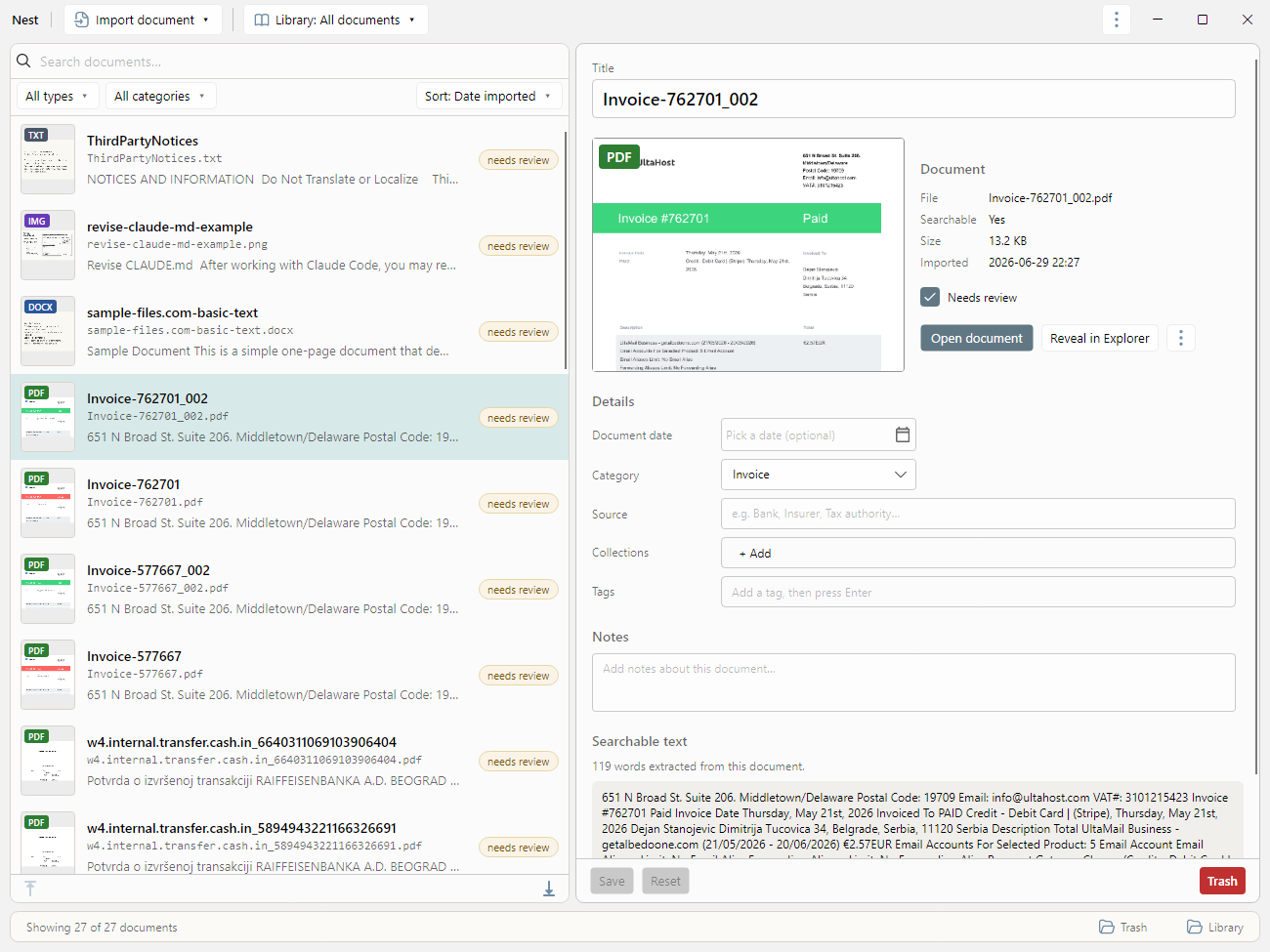 The Nest app on Windows showing a library of mixed document types — PDFs, receipts and scans — with titles, categories, tags, dates and notes in the detail panel.