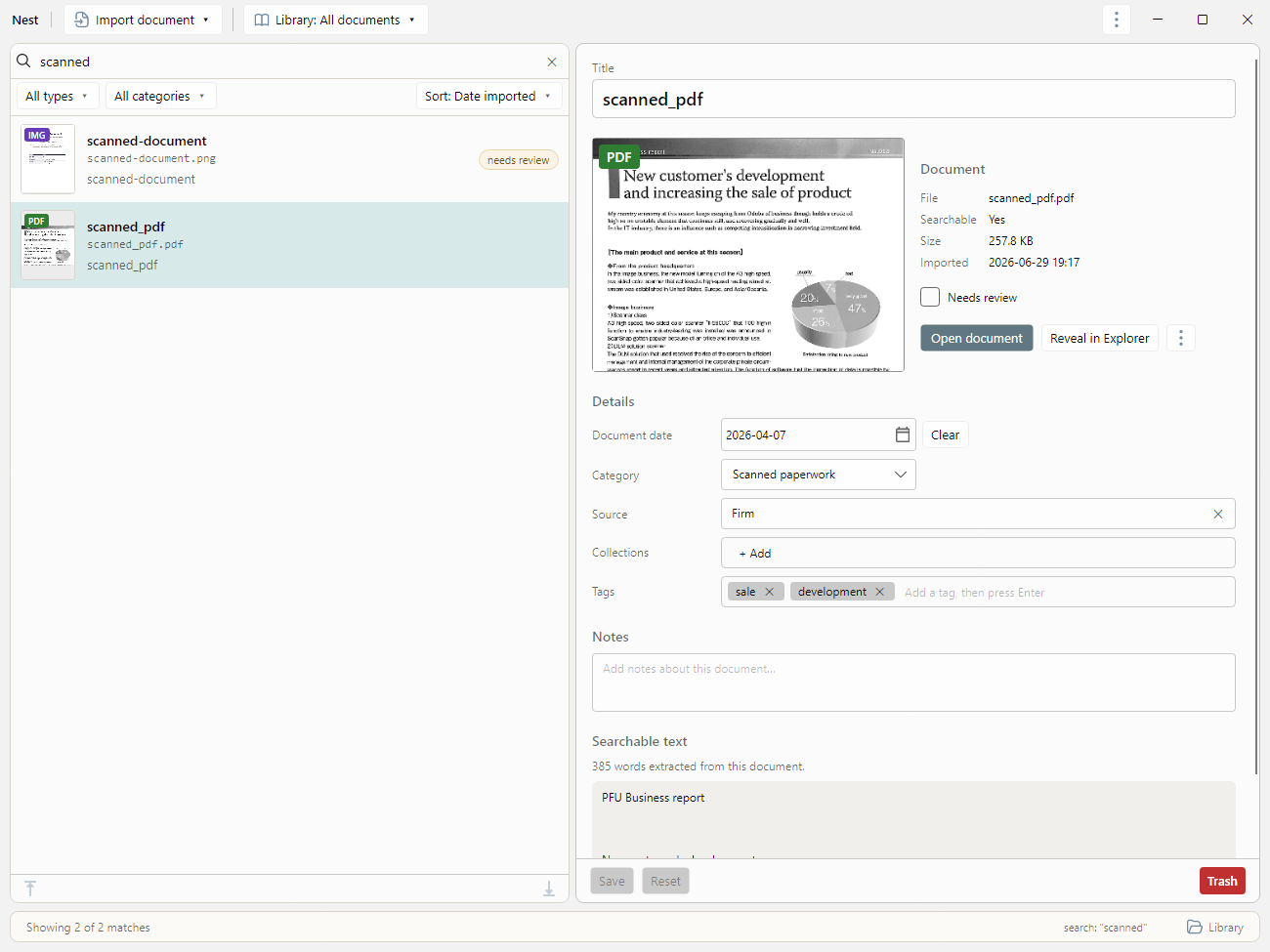Nest search results on Windows — a search term in the search box, the document list filtered to matching documents, and a selected scanned document with its thumbnail, tags and notes.